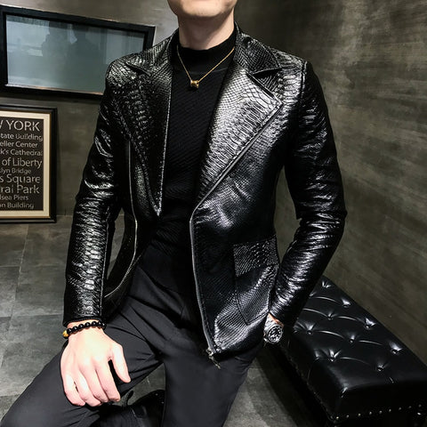 2019 Spring Handsome Leisure Zipper Faux Leather Jackets Men Clothing Turn Down Collar Imitation Alligator Loose Male Coat