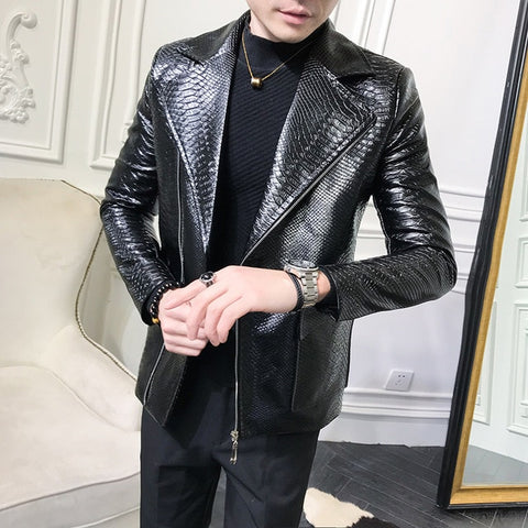 2019 Spring Handsome Leisure Zipper Faux Leather Jackets Men Clothing Turn Down Collar Imitation Alligator Loose Male Coat