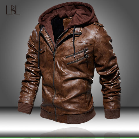 Men's PU Leather Jacket Men Motorcycle Hood Winter Coat Man Warm Casual Leather Jackets Male Slim Fit Bomber Windbreaker